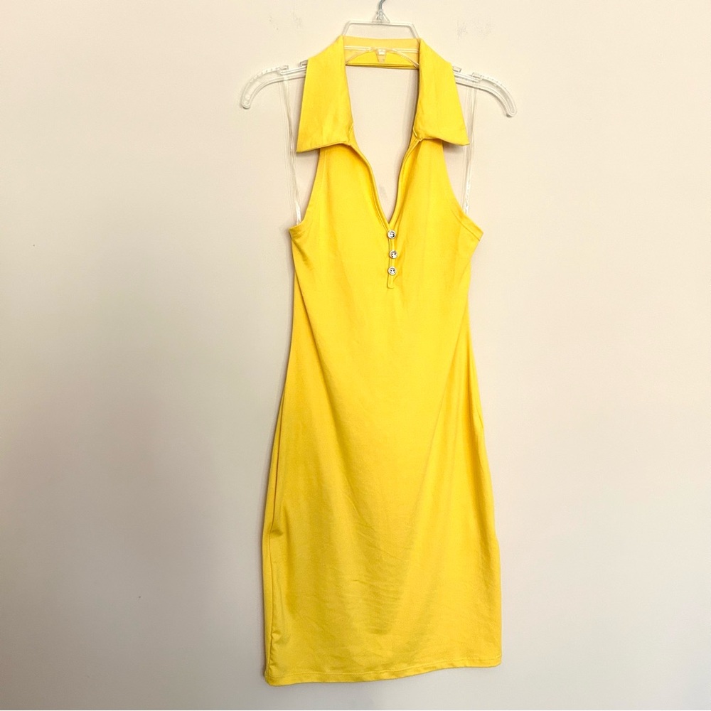 🎊NEW Popular 21 Elegant Yellow Halter Neck Backless Sleeveless Mini Dress
